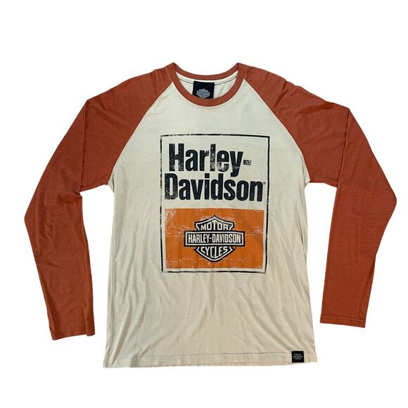 Harley-Davidson Raglan Long Sleeve Graphic Tee Size L Orange Beige Museum - Picture 1 of 9